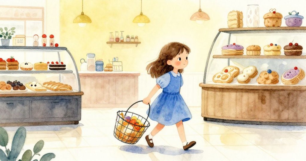 Faye推著細網籃行走於麵包店內，腳步輕觸光亮地磚，動作充滿期待與細膩情感。