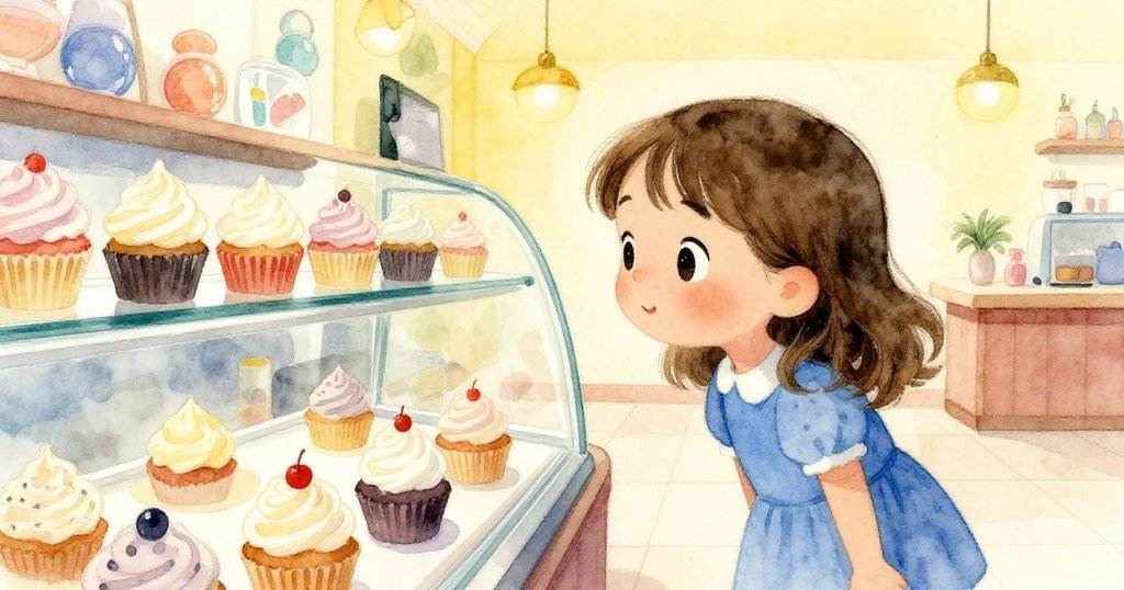 Faye靠近玻璃櫃欣賞排列整齊的糖霜杯子蛋糕，眼神充滿驚奇，麵包店背景溫馨且細膩。