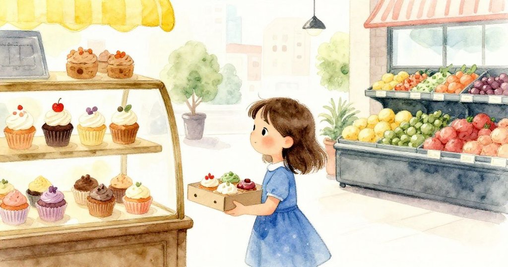 Faye攜帶紙盒走出麵包店，踏入蔬果區戶外，涼爽空氣中展現轉換心情與自然明亮環境。