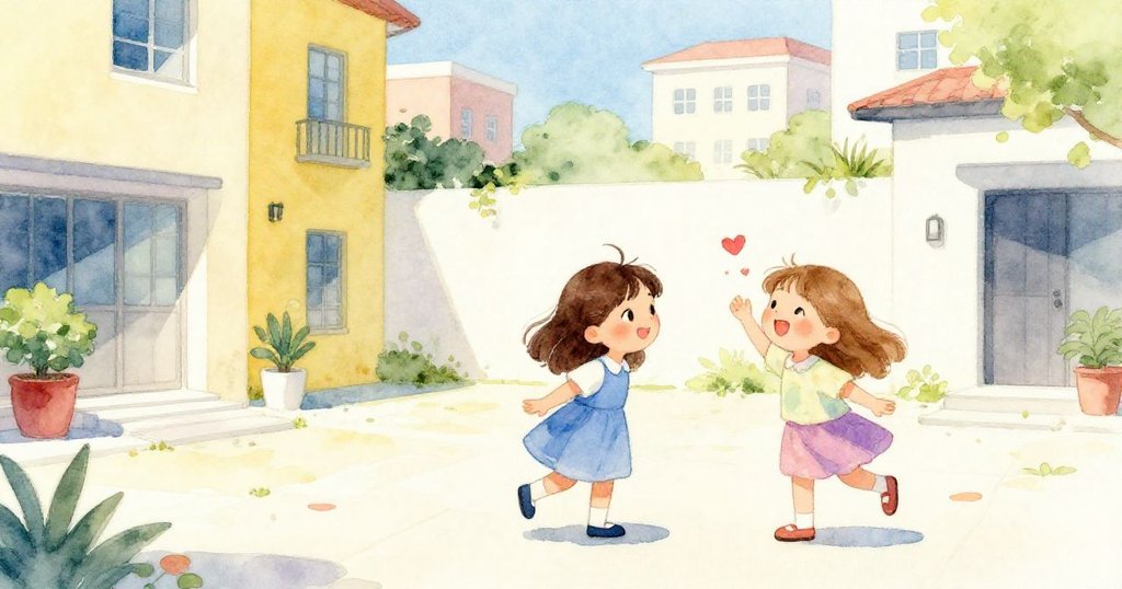 Faye與妹妹在明亮現代庭院中溫馨重逢，城市背景襯托著陽光燦爛與愉悅笑容，情感得以釋放。