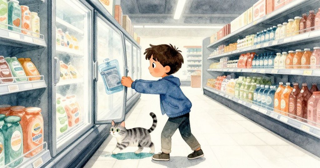Soren在超市冷凍室中拉開覆冰霜的門取藍灰果凍袋，店貓尾隨，冷光映出他專注與期待的神情。
