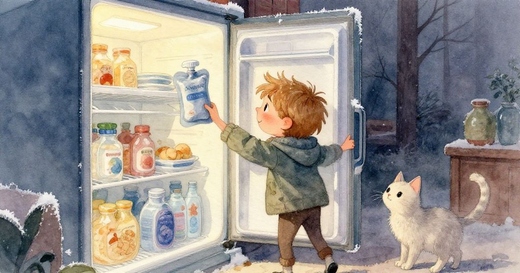 Soren專注握住結霜的冰箱把手與藍灰果凍袋，霜花細膩展現，營造出冷冽與認真的氛圍。