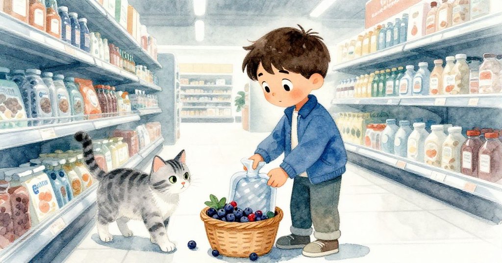 Soren從後方小心地將藍灰果凍袋放入裝滿莓果的籃子中，店貓默默跟隨，溫馨畫面盡顯專注。
