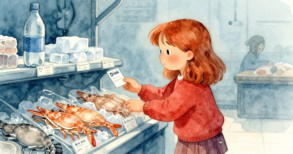 Dinah在海鮮區仔細比對價標，濕潤瓶身與冷霜物品映襯下，展現出專注與期待的神情。