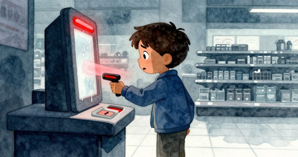 Soren在自助結帳機前因紅光掃描失敗而顯露困惑，濕潤機身與冷氣氛營造出緊張感。