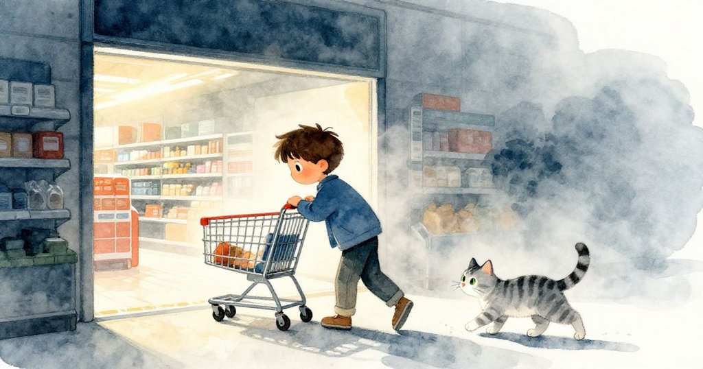 Soren推著購物車走向出口，最後一縷霧氣升起，店貓輕快跟隨，呈現出輕鬆與圓滿的結局。