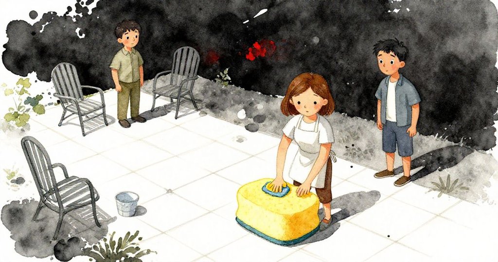 Delia在庭院中手拿大黃海綿，正在清潔散亂椅子，Warren從遠處關注，整體場景由鳥瞰呈現靜動對比。