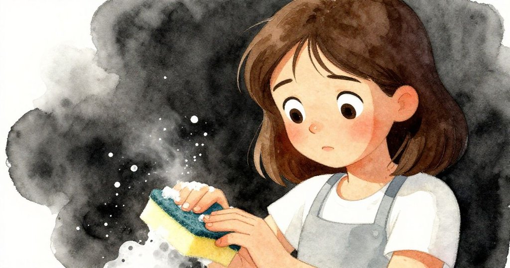 Delia特寫凝視著海綿，神情專注憂慮，背景有模糊瓷磚與水光反射。