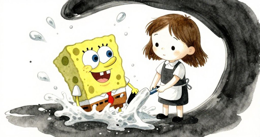 傾斜視角展現水花飛濺與皺褶海綿動作，Delia與水流互動呈現奇幻變形感。