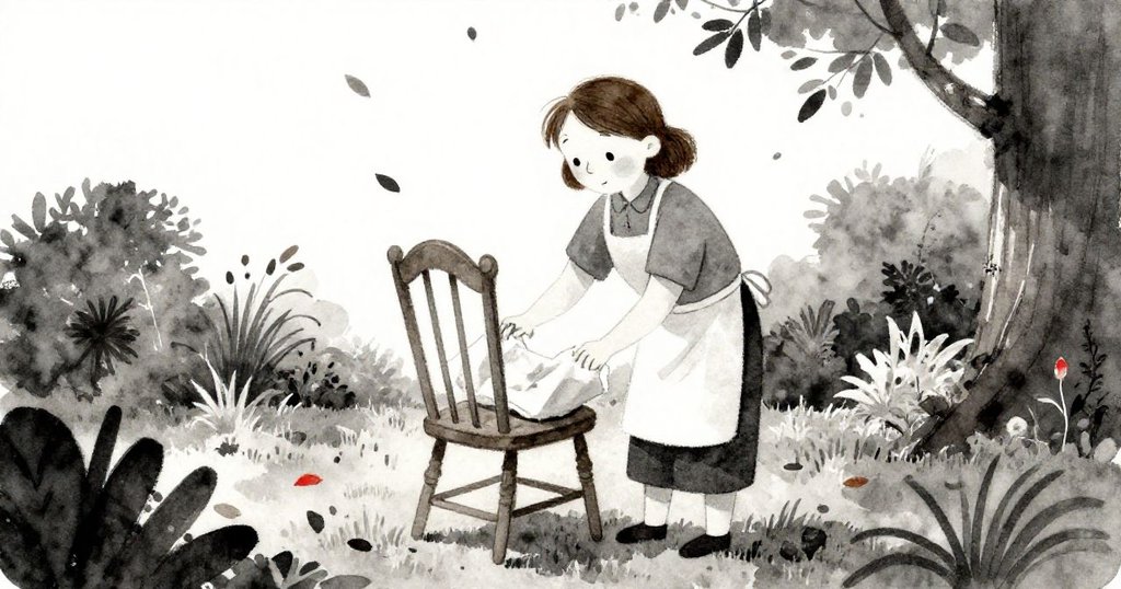 暖光下庭園局部景色，Delia清洗椅子與風吹落葉相映，展現溫馨家庭氛圍。