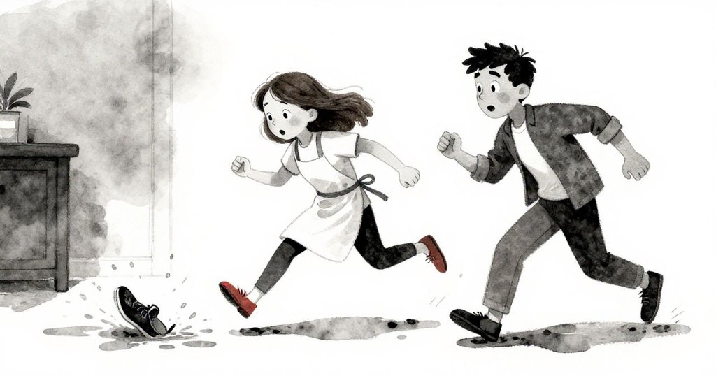 快速追逐中鞋子滑過積水，Delia與Warren表現驚慌與緊張，動態水跡充滿張力。