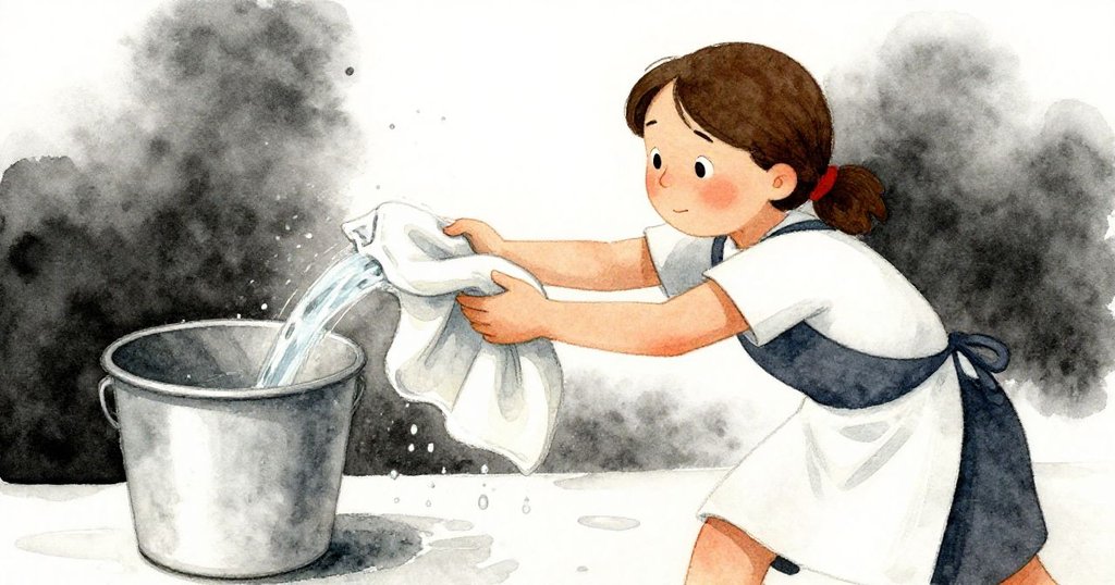 Delia迅速拿起摺疊抹布吸收流浪水滴，鏡頭聚焦手動作，表情堅定平靜，家務終獲勝利。