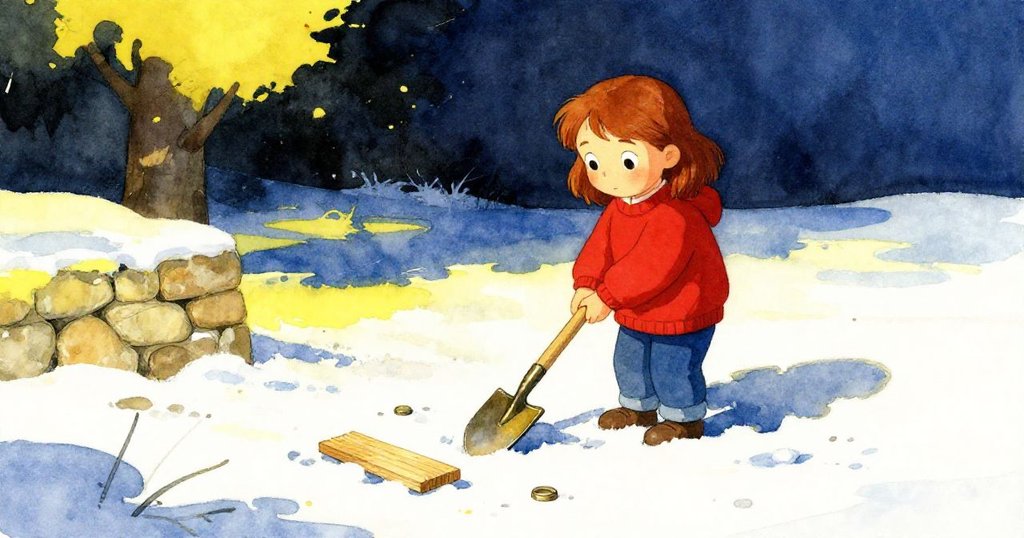 妮娜站在滿是雪的戶外，手持工具，低光映襯下充滿決心，場景展現故事開端與冬日奇遇。