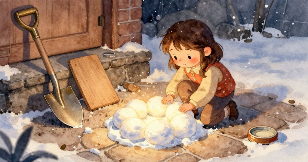 妮娜的雙手專注地排列發光的雪球在雪木板上，陽光斜照下呈現出溫暖與創意的象徵。