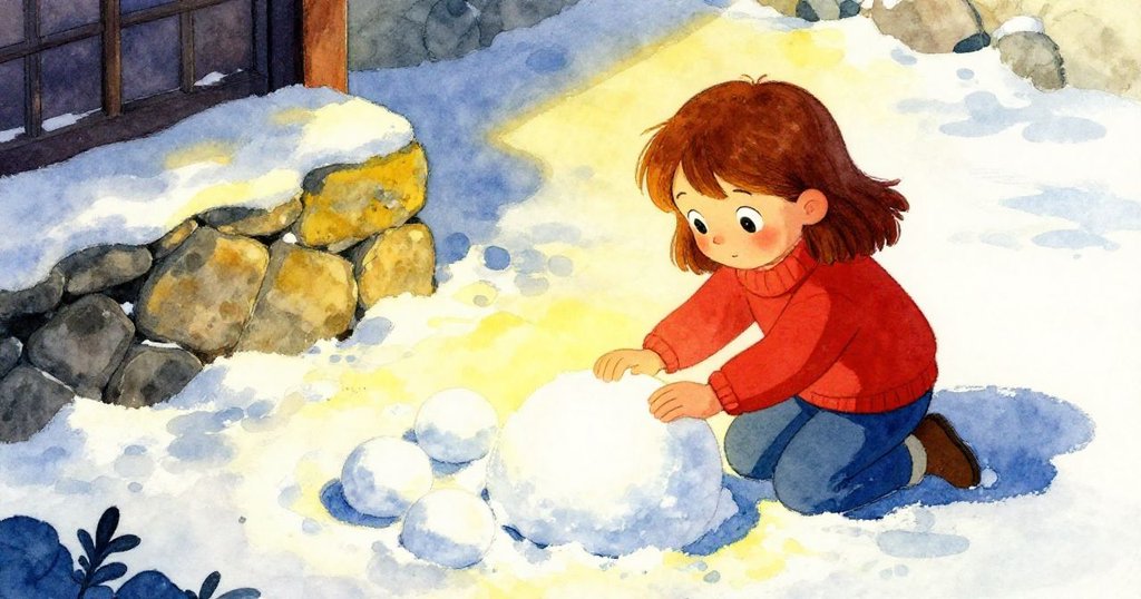 從高角度看，妮娜蹲在雪地上仔細放置發光雪球建造冰雪圓頂，展現出初期建構的專注與環境細節。