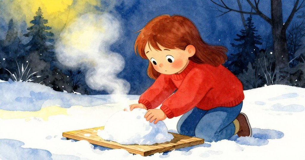 妮娜調整著雪木板，輕輕壓入雪球，呼出的白氣與雪發出尖叫之聲，展現冬日微妙氛圍。