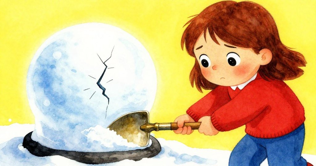 妮娜的臉部特寫顯示出堅定與憂慮，脆弱雪圓頂出現細裂縫，她用鏟子小心修補，展現內心掙扎。