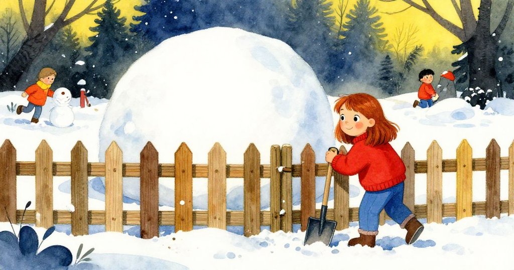 妮娜依靠在雪木柵旁，滿臉微笑，與完成的雪圓頂告別，背景中傳來生活節奏，結束冬日創作旅程。