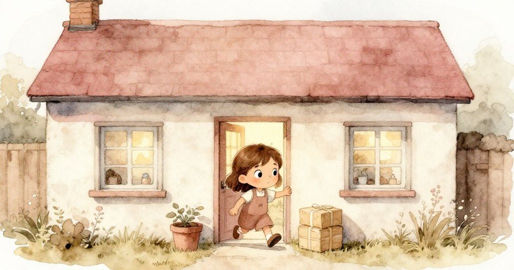 Zara走出溫馨平房，早晨金光灑落，郵包靜待門前，她邁步迎向新一天，充滿期待。