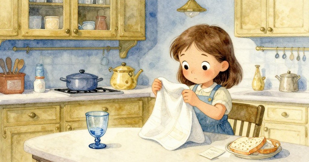 Zara細心調整毛巾於藍色玻璃下，桌上擺放著放大鏡與筆記本，廚房中實驗對比鮮明。