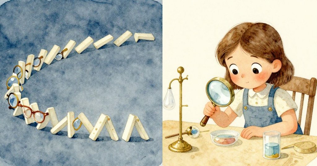 左側放大鏡掉入多彩玻璃引發連鎖反應；右側Zara全神貫注觀察，多米諾效應顯現奇妙瞬間。