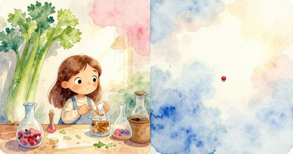 實驗桌左側展現鮮艷水色與生機芹菜，右側陽光柔和令藍色褪淡、紅珠初現，時間流轉中充滿細膩變化。