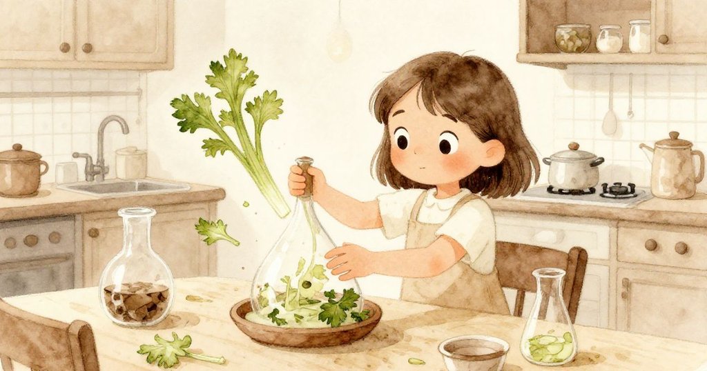 夜晚平靜中，Zara穩定實驗桌，聆聽氣泡微鳴，芹菜葉輕舞如旗，整個廚房洋溢著安寧氛圍。