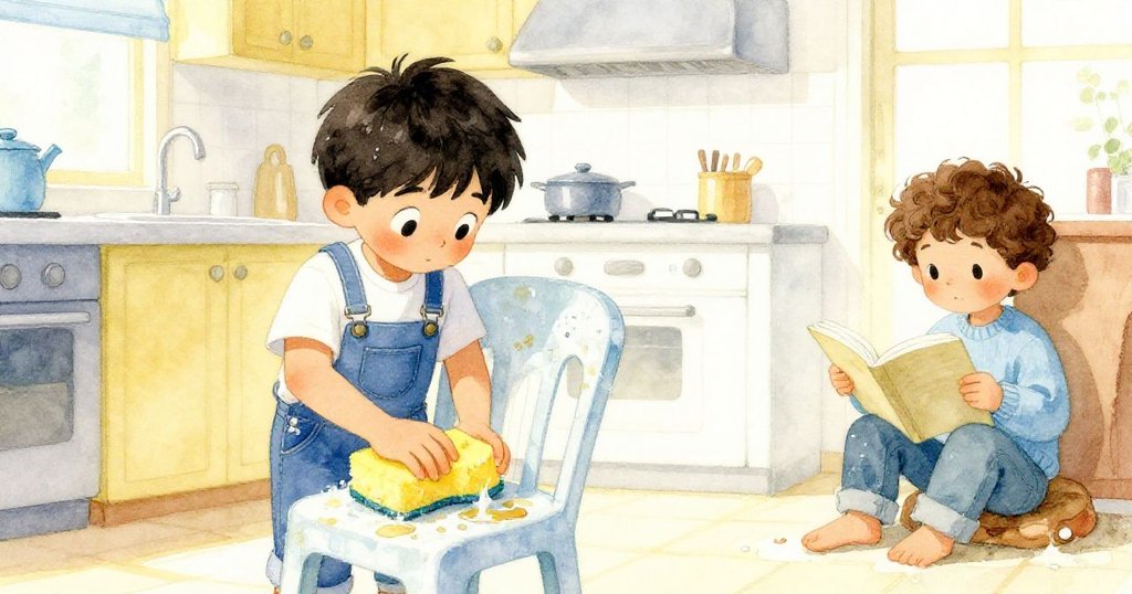 Dean用溫暖泡沫清洗髒椅，Dorian在旁閱讀，廚房角落充滿自然陽光與水滴細節，展現家庭溫馨。