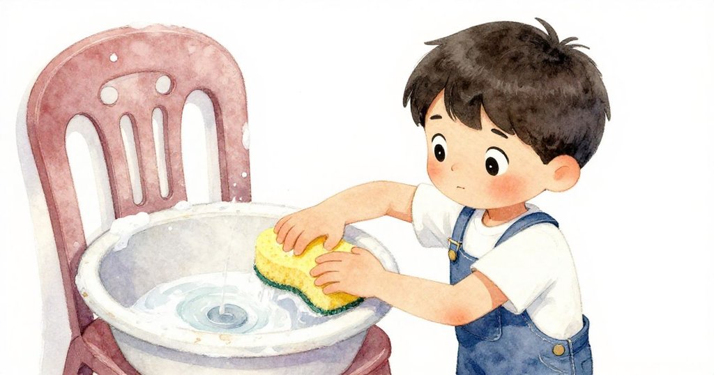 Dean認真擠壓黃色海綿清洗留下痕跡的塑料椅，洗滌槽上水珠輕映歷史，暖光中透出努力細節。