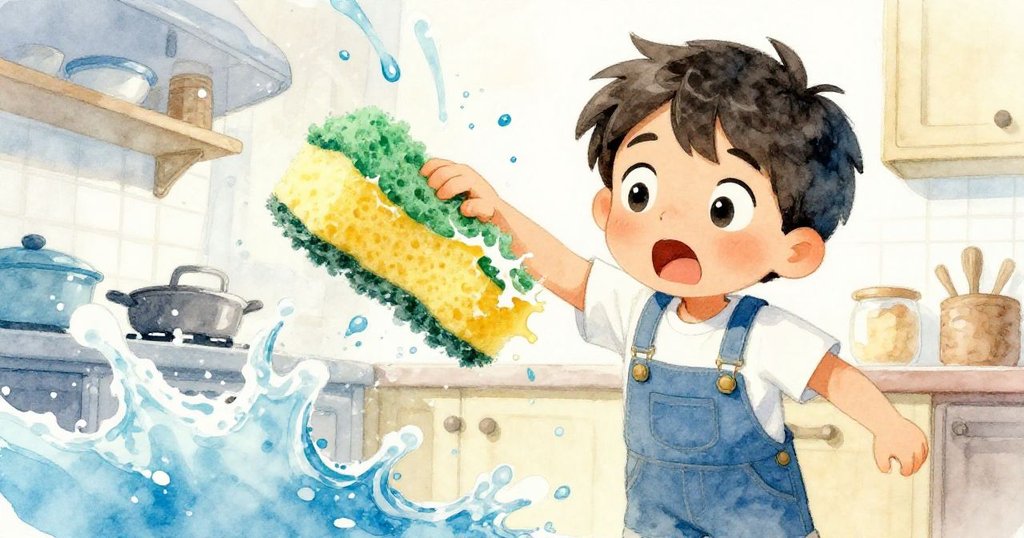 Dean驚訝看著綠色擦洗布掛住椅子撕下海綿小塊，水花飛濺呈現變形視角，動感十足。