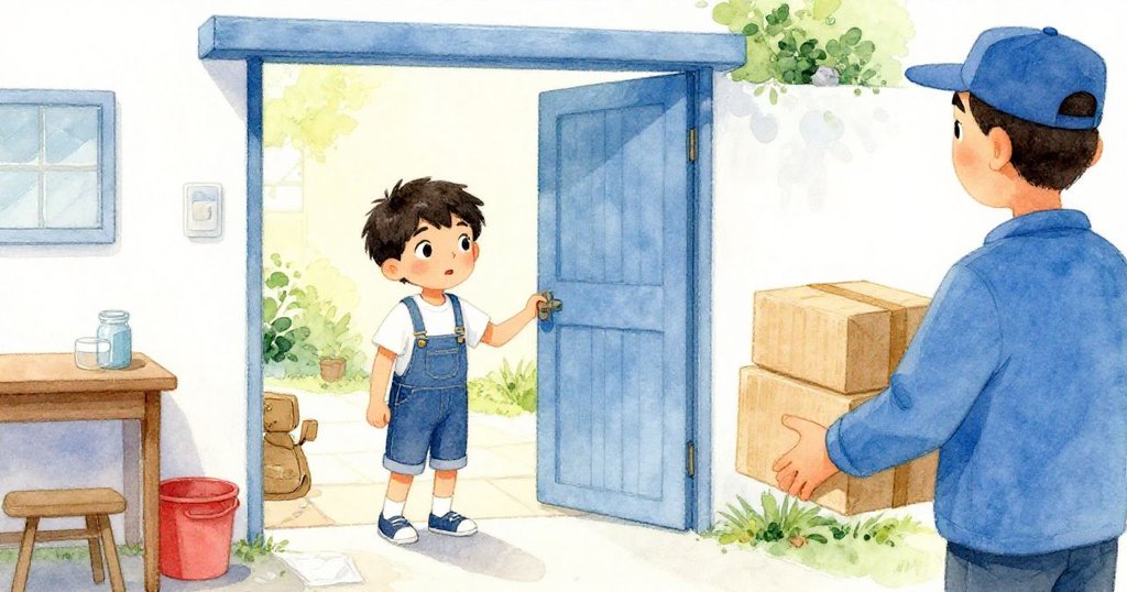 Dean離開清潔區，走向敞開前門與滿手包裹的送貨員交談，室內外光線交融呈過渡氛圍。