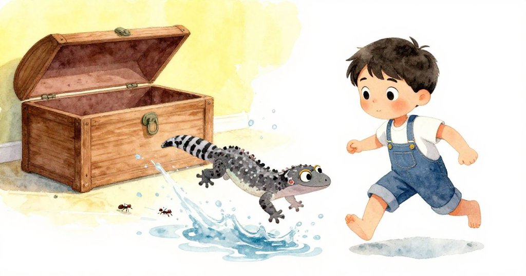 灰色壁虎因水花驚嚇猛然躍起，螞蟻紛飛，木盒在濕地上急速滑動，廚房中動感緊張。