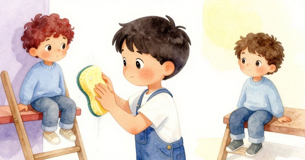 Dean細心擦拭幹燥痕跡，Dorian靜觀於低臺上，溫柔光線中展現清潔後的安寧與平靜。