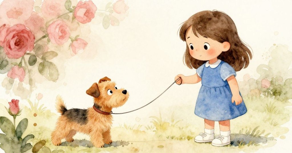 從小狗Sable的視角看,牠耐心地望著Gemma,細繩輕觸女孩手腕,背景顯示活潑遊樂場的溫馨氣氛。