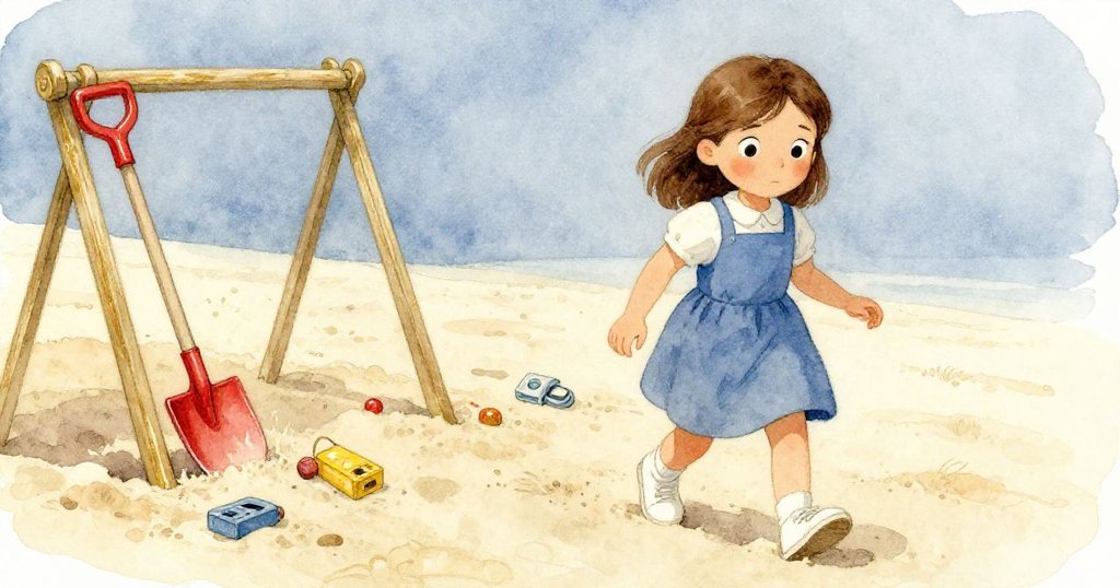 Gemma邁向沙坑,腳步輕快,身旁散落的玩具與紅色鏟子呼應探索中的活力和好奇神情。