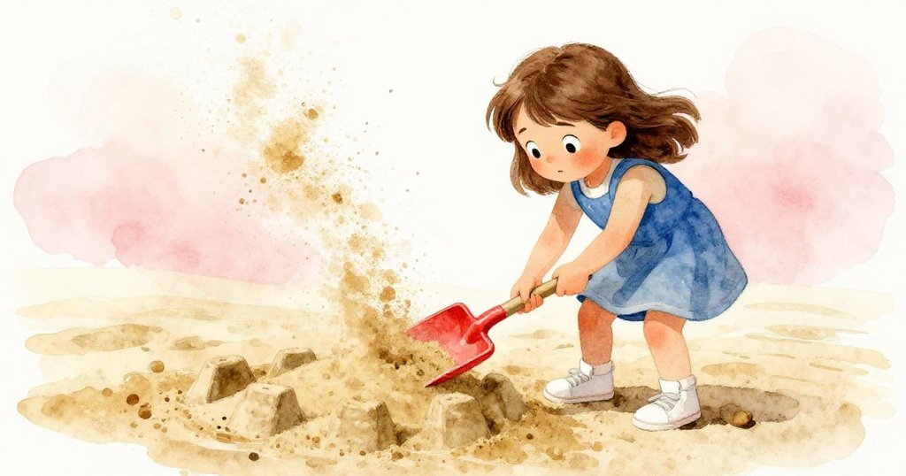 Gemma正專注地用紅色鏟子裝填沙子,沙坑中砂粒飛揚,展現努力與決心,動態感十足。