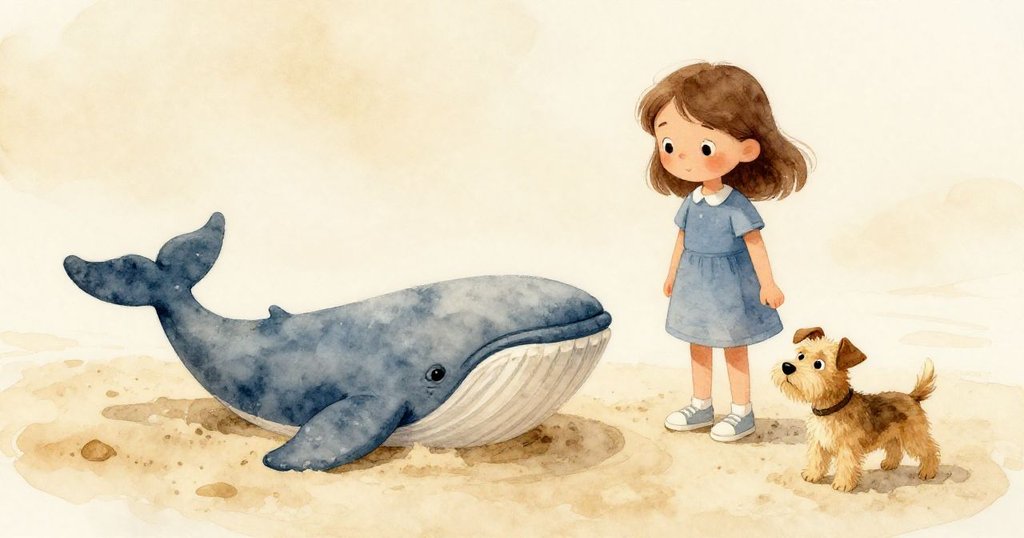 Gemma與Sable在平靜沙坑中欣賞完成的鯨魚造型,午後暖光灑下,展現滿足和安寧的結局。