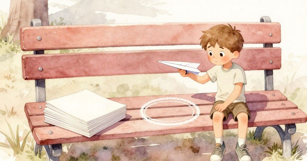 邁爾斯在公園長椅前準備製作紙飛機，背景有粉橘與米白色的光影，表情充滿期待與專注