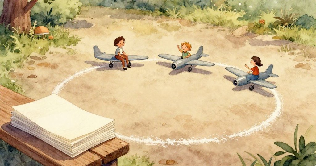 邁爾斯的手指輕觸紙飛機折痕，紙邊在陽光下發出微光，背景隱約顯示公園綠意，專注而溫暖