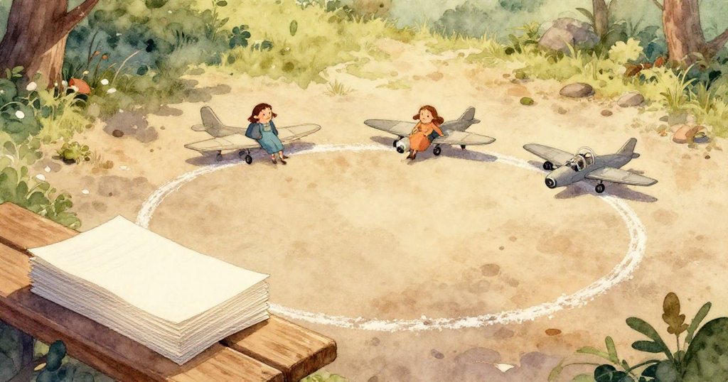 小水坑中倒映著對角線排列的紙飛機，細膩展示隱藏模式，背景綠草與柔和珊瑚色調，營造神秘童趣氛圍