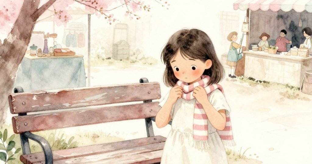 芙羅拉在古老長椅旁調整條狹縫條紋圍巾，背景有春市記憶痕跡，色調溫暖柔和，神情專注且懷舊