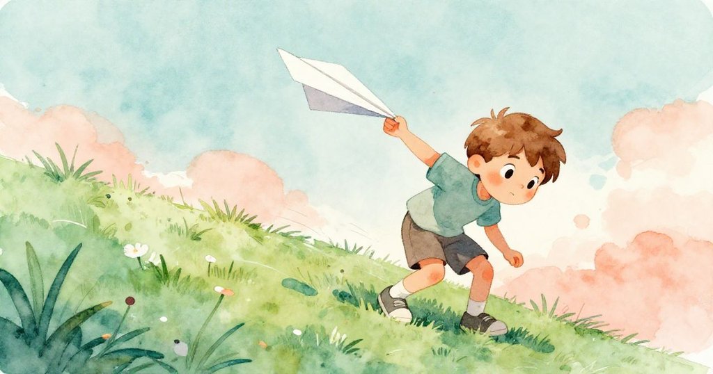 邁爾斯在草坡上彎曲膝蓋用力投擲紙飛機，臉上充滿決心，動態感強烈，背景呈珊瑚與薄霧藍色調