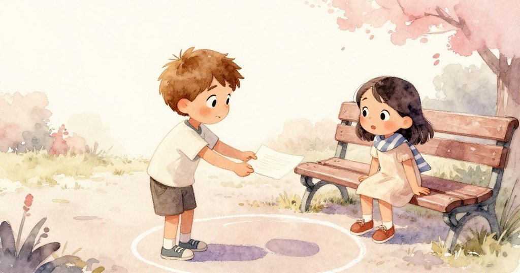 邁爾斯將新鮮紙張遞給芙羅拉，兩人面帶喜悅在長椅和粉筆圈前互動，呈現溫暖成功結局，背景色調柔和