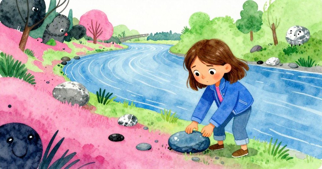 在河邊，Tamsin滿懷好奇撿起藍灰色石子，風中碎石、閃亮水面呈現動感與神秘氛圍。