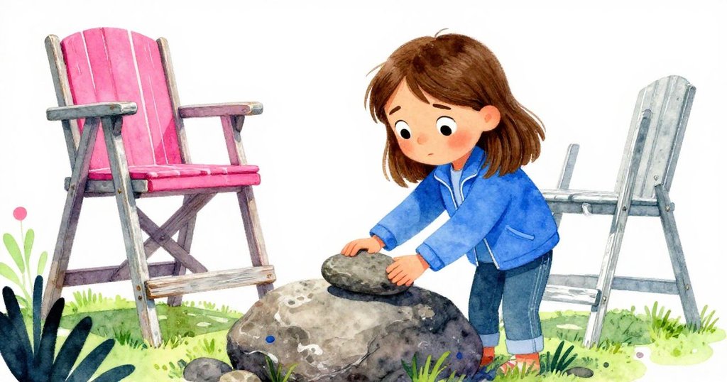 Tamsin小心將石子放在大岩上，背景中生銹救生椅散發夏日懷舊氣息，動作專注而溫柔。