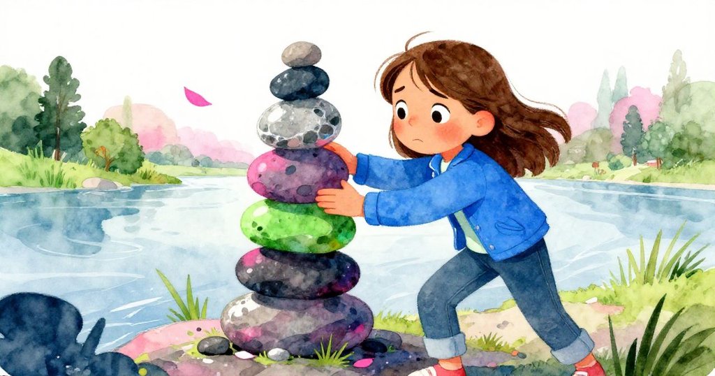 Tamsin滿臉擔憂與堅定撫平晃動石塔，風中飄落的花瓣映出內心掙扎與決心。