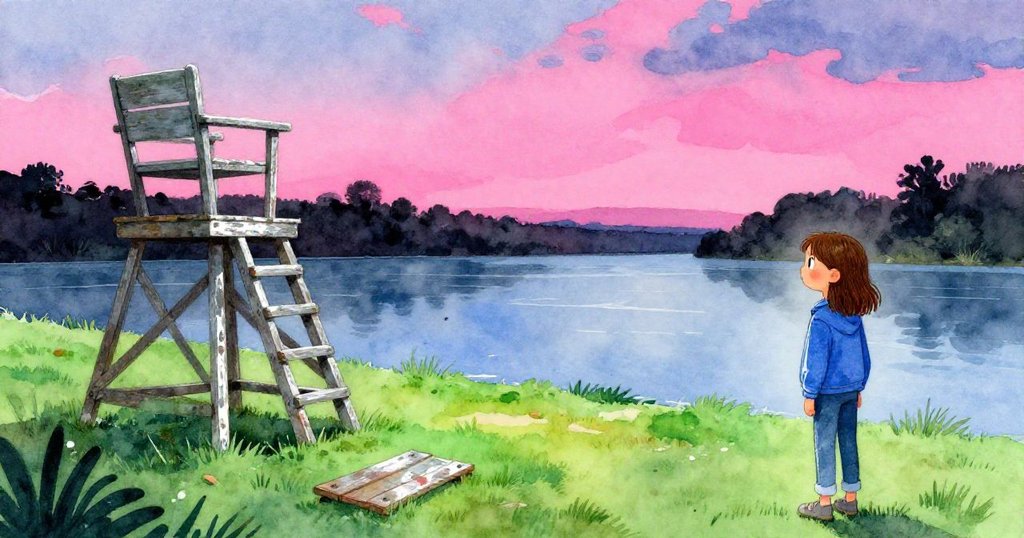 傍晚柔光中，Tamsin靜觀穩固石塔、老舊救生椅與破爛遊樂板，展現滿足與寧靜的完美落幕。