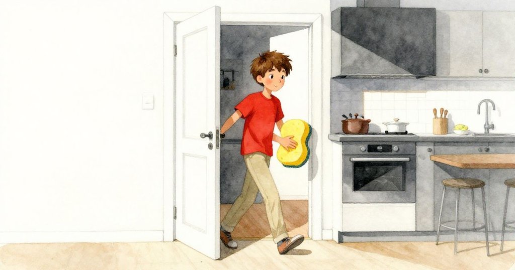 Glen 穿過明亮的門口進入溫暖廚房，手持大黃海綿，神情堅定，開始他的清潔冒險。