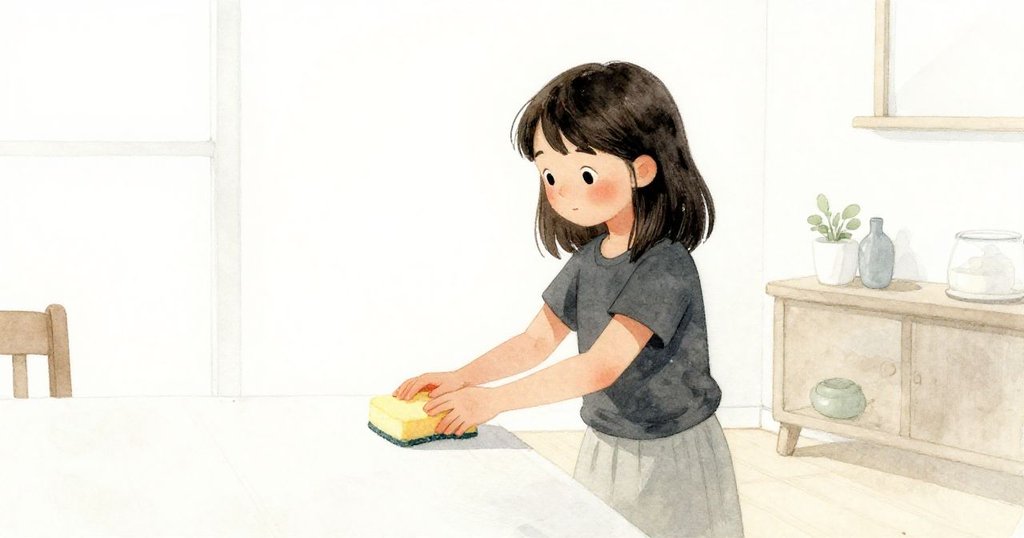 Darla 在寬闊空白的桌邊輕輕遞出小海綿，表情溫柔，展現默契的清潔交換。