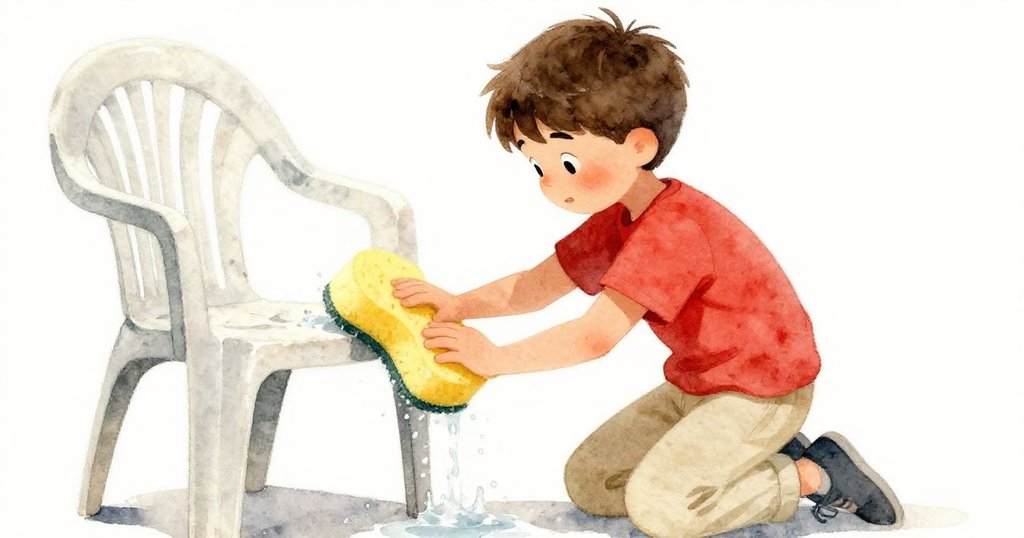 Glen 低角度跪在舊塑料椅旁，用力擠壓大黃海綿，濺起飛濺的水花，神情專注且充滿活力。